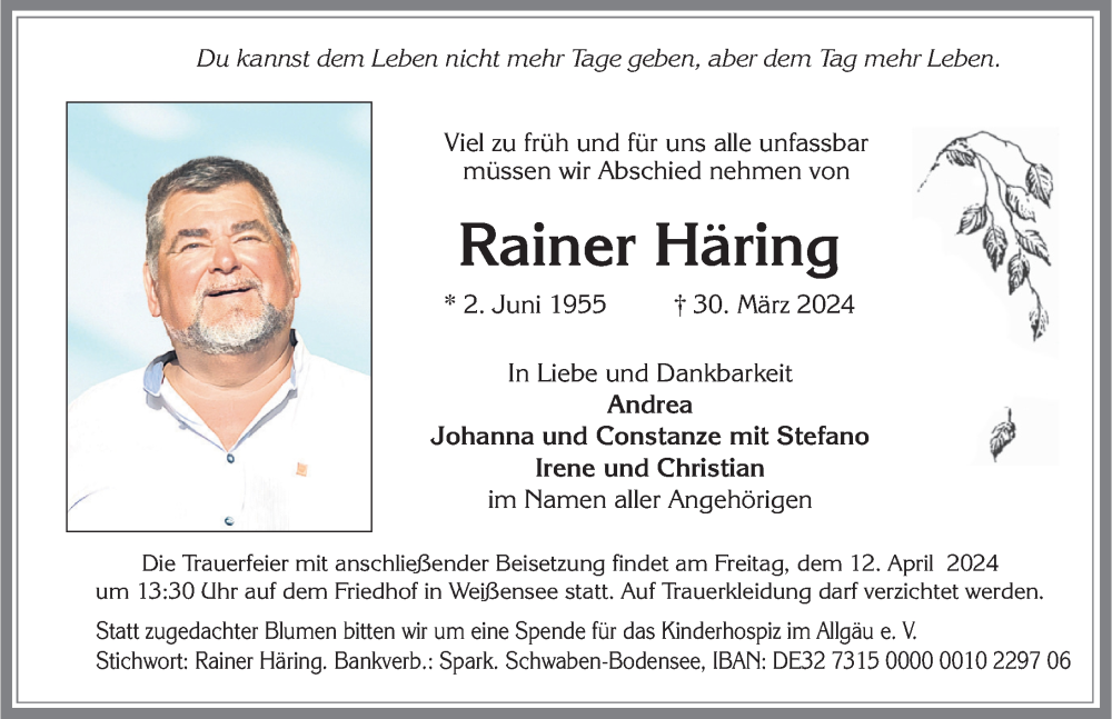 Traueranzeige von Rainer Häring von Allgäuer Zeitung, Füssen