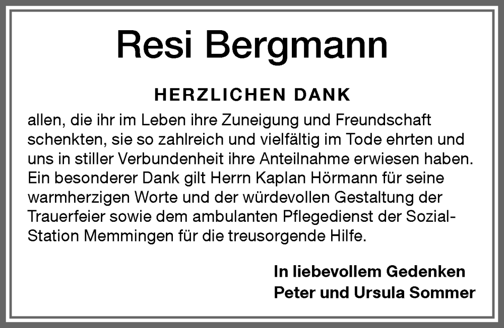 Traueranzeige von Resi Bergmann von Memminger Zeitung