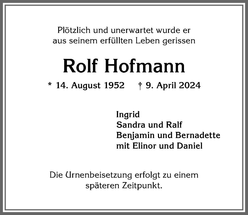 Traueranzeige von Rolf Hofmann von Allgäuer Anzeigeblatt