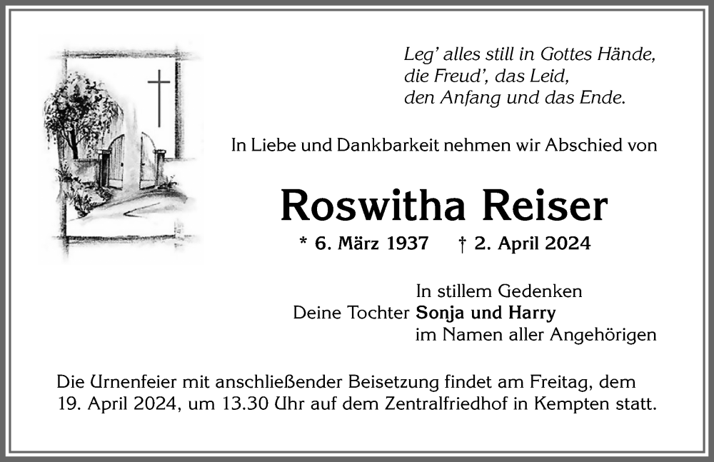 Traueranzeige von Roswitha Reiser von Allgäuer Zeitung,Kempten