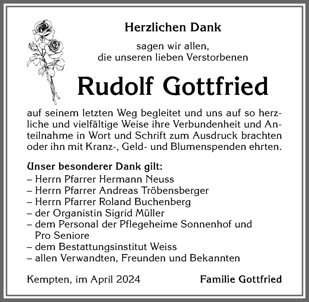 Traueranzeige von Rudolf Gottfried von Allgäuer Zeitung,Kempten