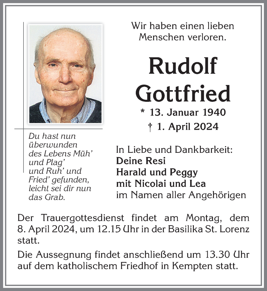 Traueranzeige von Rudolf Gottfried von Memminger Zeitung