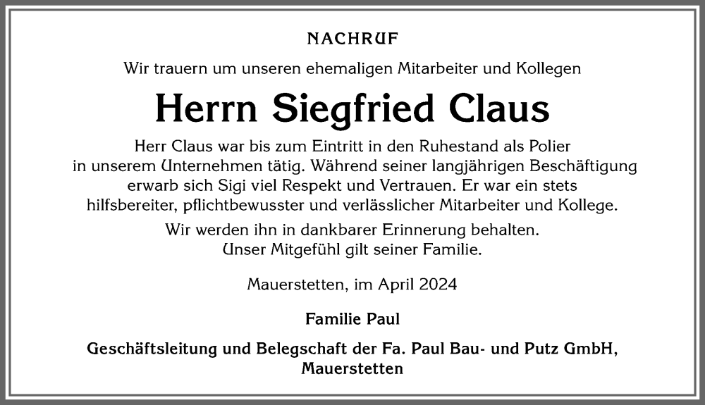 Traueranzeige von Siegfried Claus von Allgäuer Zeitung, Kaufbeuren/Buchloe