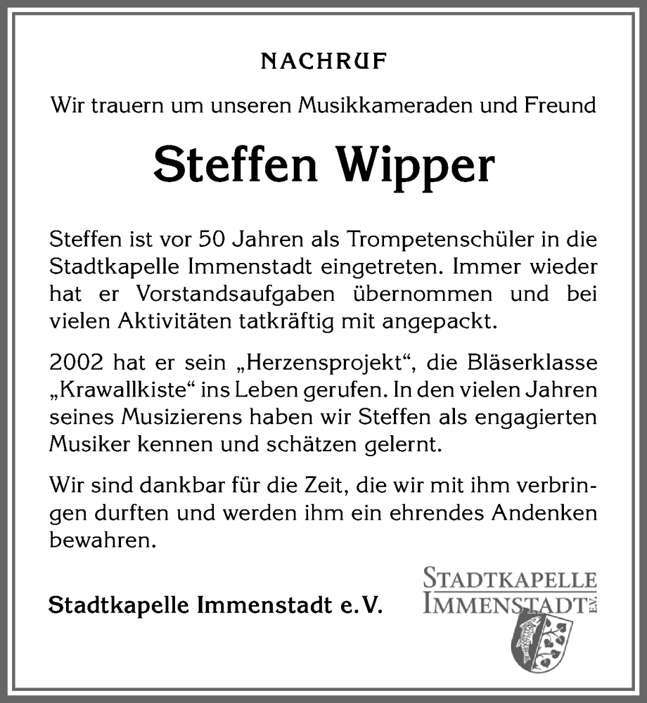 Traueranzeige von Steffen Wipper von Allgäuer Anzeigeblatt