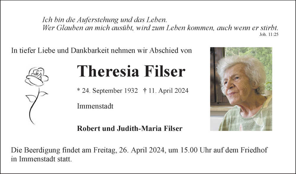 Traueranzeige von Theresia Filser von Allgäuer Anzeigeblatt