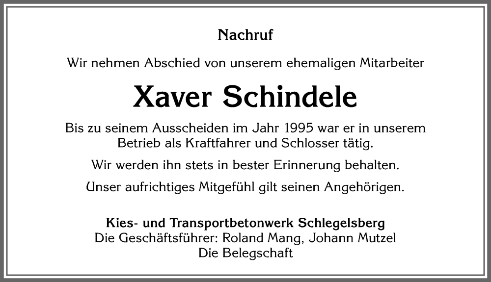 Traueranzeige von Xaver Schindele von Memminger Zeitung