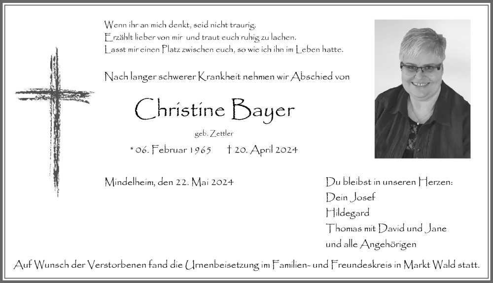 Traueranzeige von Christine Bayer von MINDELHEIMER ZEITUNG