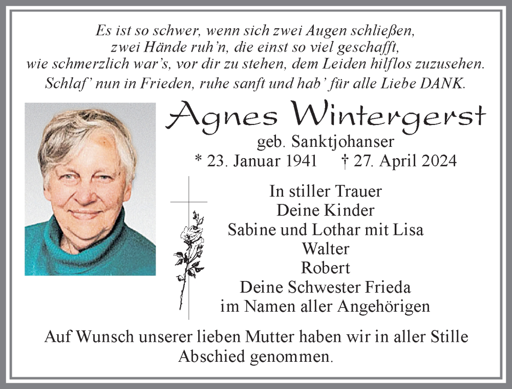 Traueranzeige von Agnes Wintergerst von Allgäuer Zeitung, Marktoberdorf