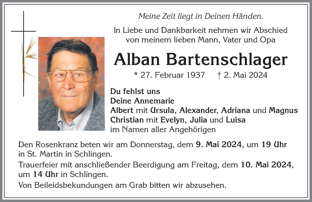 Traueranzeige von Alban Bartenschlager von Augsburger Allgemeine, Mindelheimer Zeitung