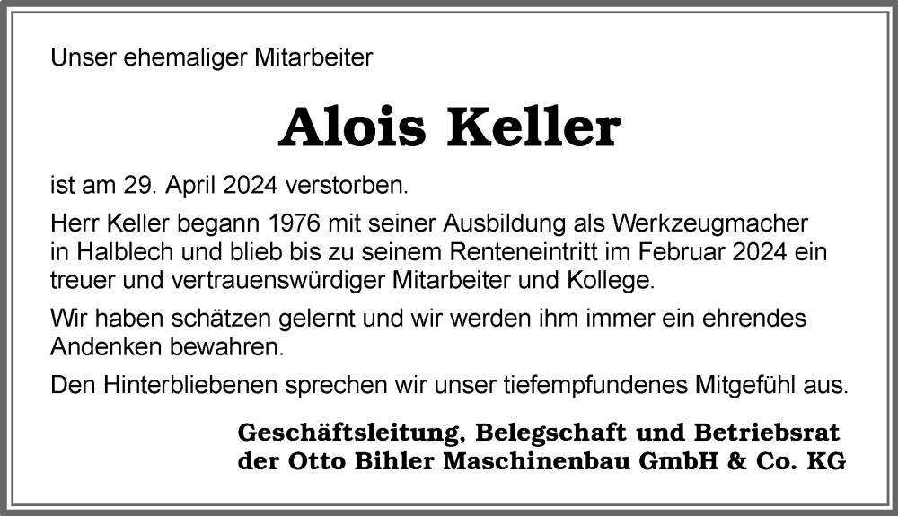 Traueranzeige von Alois Keller von Allgäuer Zeitung, Füssen