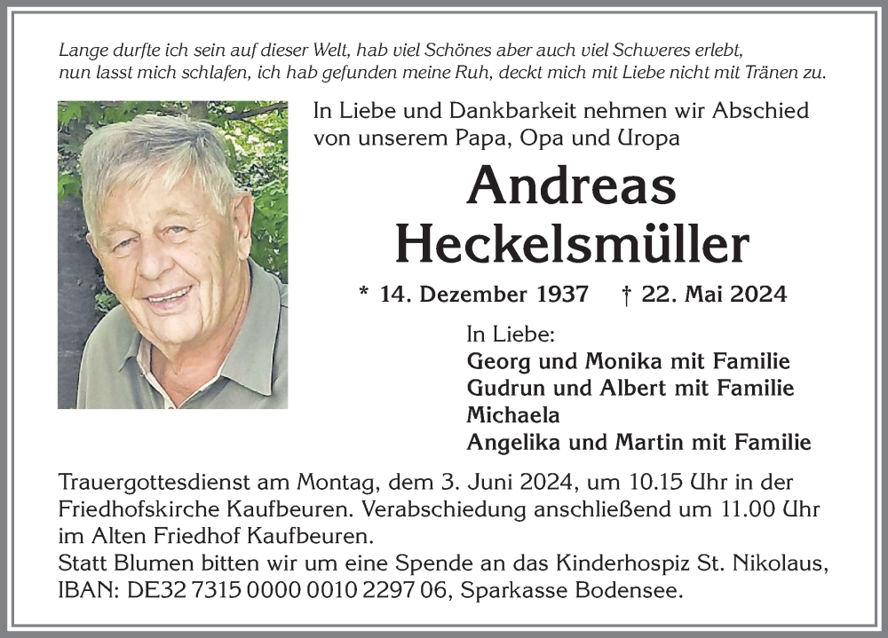 Traueranzeige von Andreas Heckelsmüller von Allgäuer Zeitung, Kaufbeuren/Buchloe