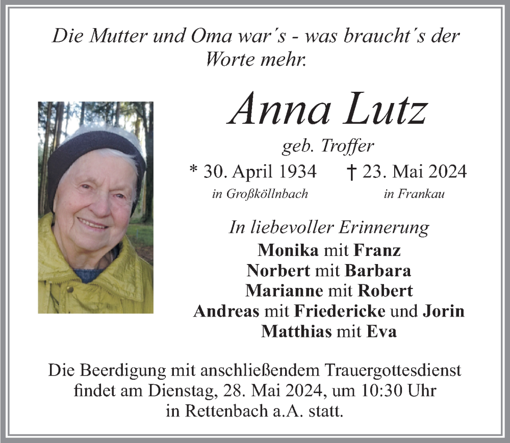 Traueranzeige von Anna Lutz von Allgäuer Zeitung, Marktoberdorf