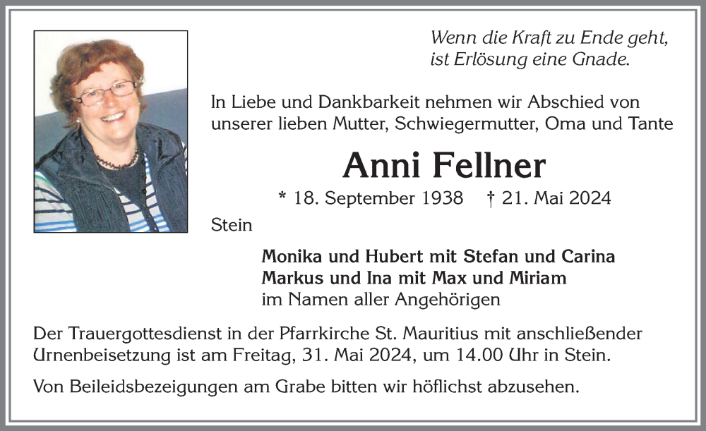 Traueranzeige von Anni Fellner von Allgäuer Anzeigeblatt