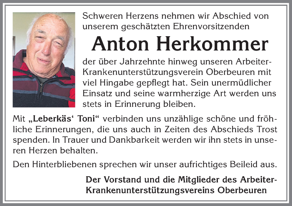 Traueranzeige von Anton Herkommer von Allgäuer Zeitung, Kaufbeuren/Buchloe