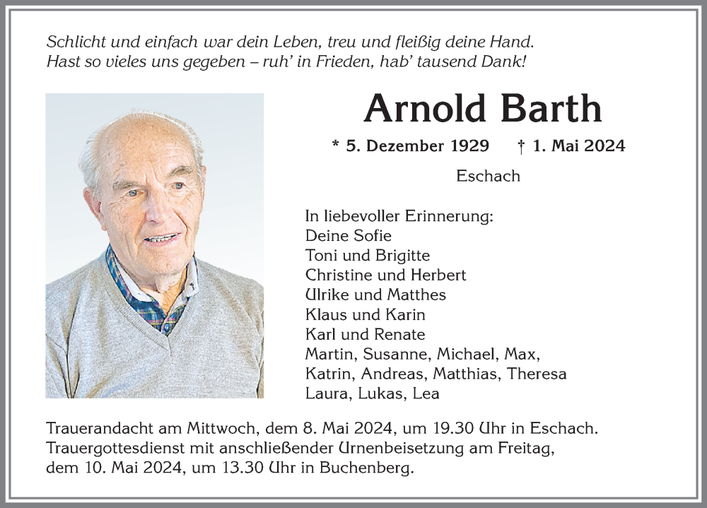 Traueranzeige von Arnold Barth von Allgäuer Zeitung,Kempten