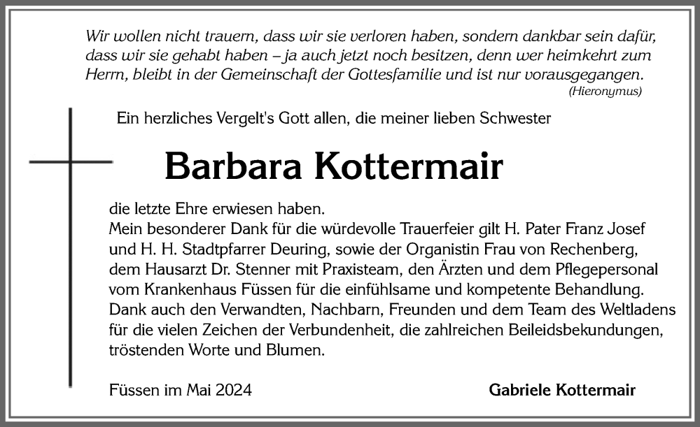 Traueranzeige von Barbara Kottermair von Allgäuer Zeitung, Füssen