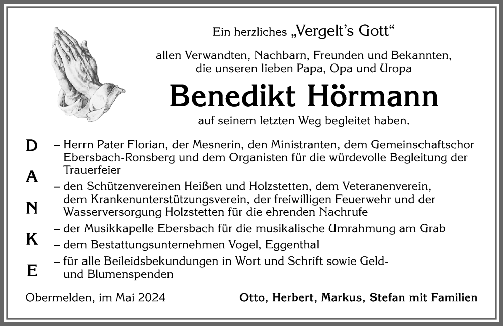 Traueranzeige von Benedikt Hörmann von Allgäuer Zeitung, Marktoberdorf