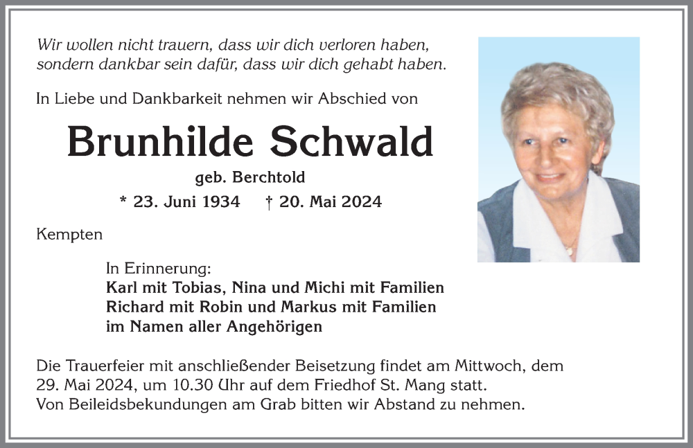 Traueranzeige von Brunhilde Schwald von Allgäuer Zeitung,Kempten