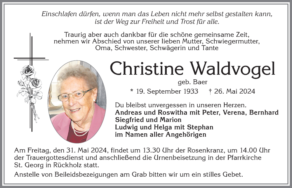 Traueranzeige von Christine Waldvogel von Allgäuer Zeitung, Füssen