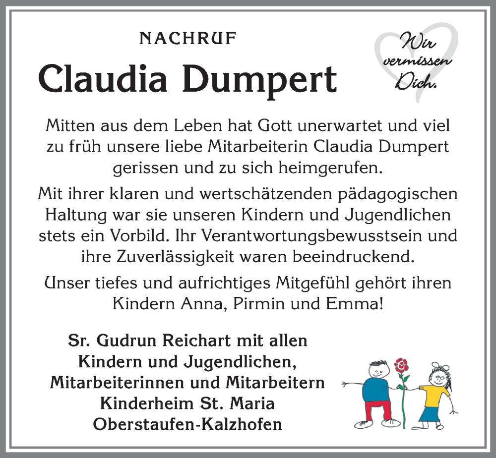 Traueranzeige von Claudia Dumpert von Allgäuer Anzeigeblatt