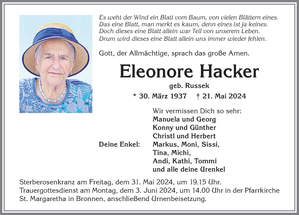 Traueranzeige von Eleonore Hacker von Allgäuer Zeitung, Kaufbeuren/Buchloe