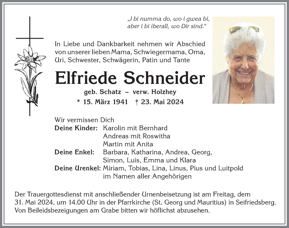 Traueranzeige von Elfriede Schneider von Allgäuer Anzeigeblatt