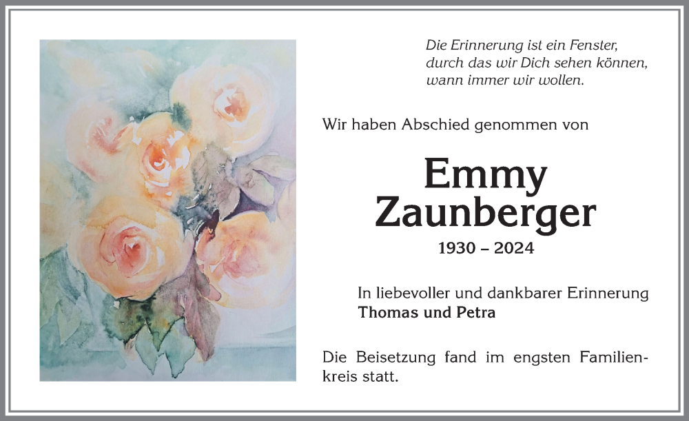 Traueranzeige von Emmy Zaunberger von Allgäuer Anzeigeblatt