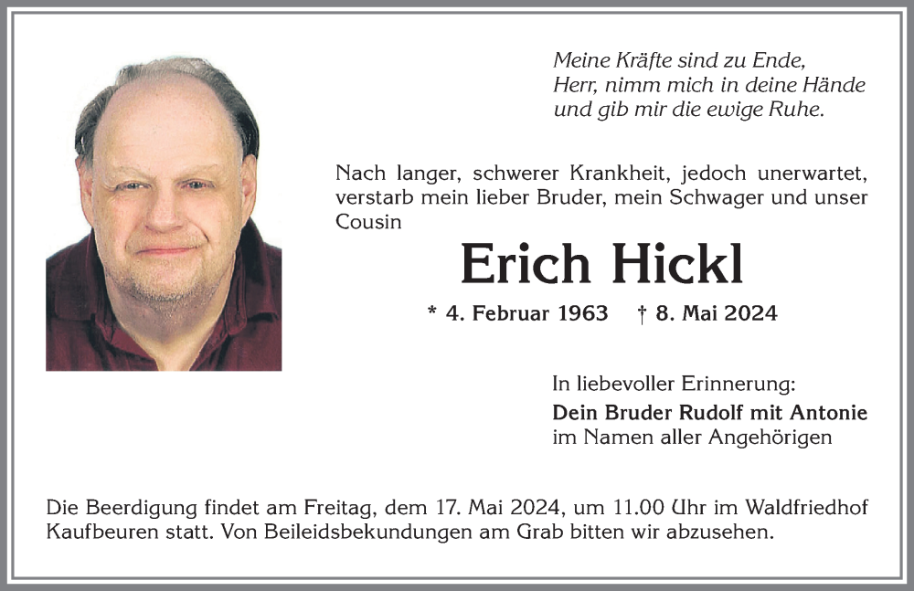Traueranzeige von Erich Hickl von Allgäuer Zeitung, Kaufbeuren/Buchloe