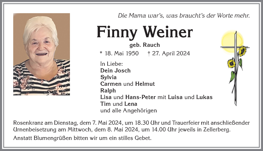Traueranzeige von Finny Weiner von Mindelheimer Zeitung, Augsburger Allgemeine