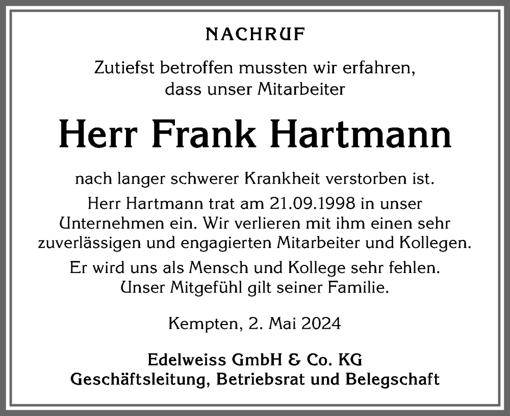 Traueranzeige von Frank Hartmann von Allgäuer Zeitung,Kempten