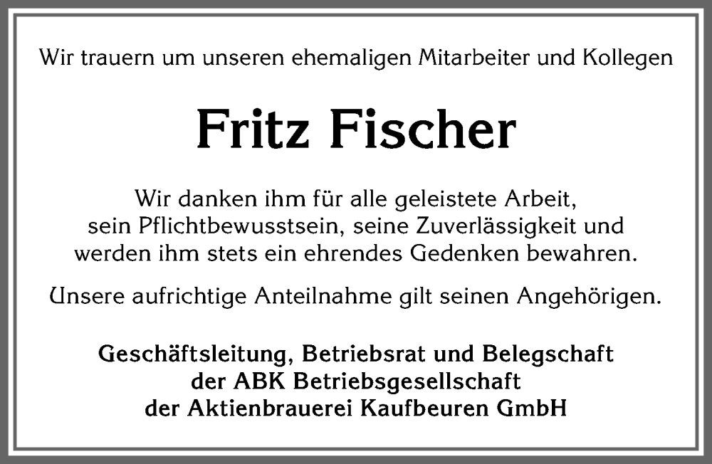 Traueranzeige von Fritz Fischer von Allgäuer Zeitung, Kaufbeuren/Buchloe