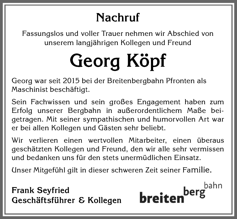 Traueranzeige von Georg Köpf von Allgäuer Zeitung, Füssen