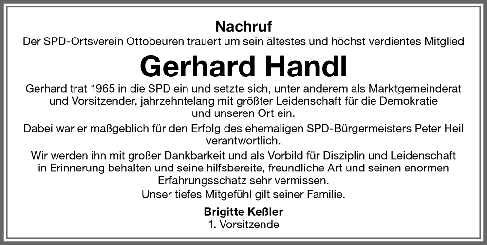 Traueranzeige von Gerhard Handl von Memminger Zeitung