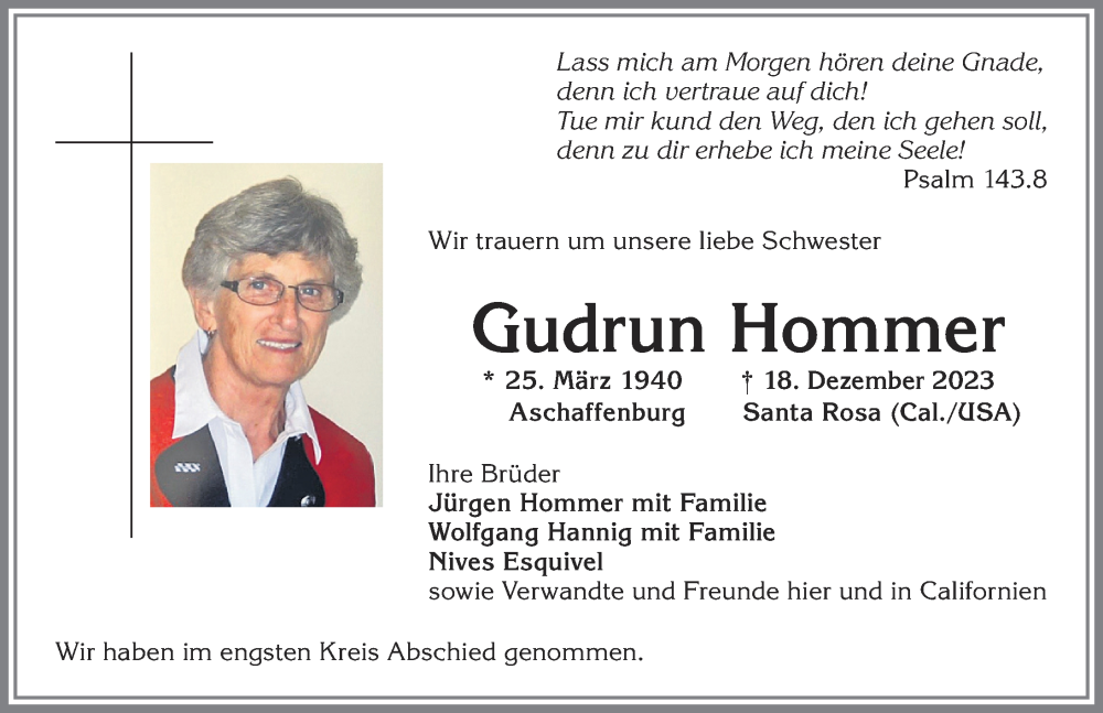 Traueranzeige von Gudrun Hommer von Allgäuer Zeitung, Marktoberdorf