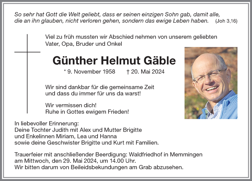 Traueranzeige von Günther Helmut Gäble von Memminger Zeitung