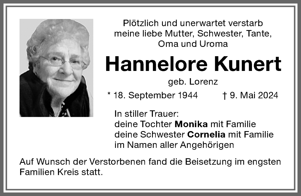 Traueranzeige von Hannelore Kunert von Memminger Zeitung