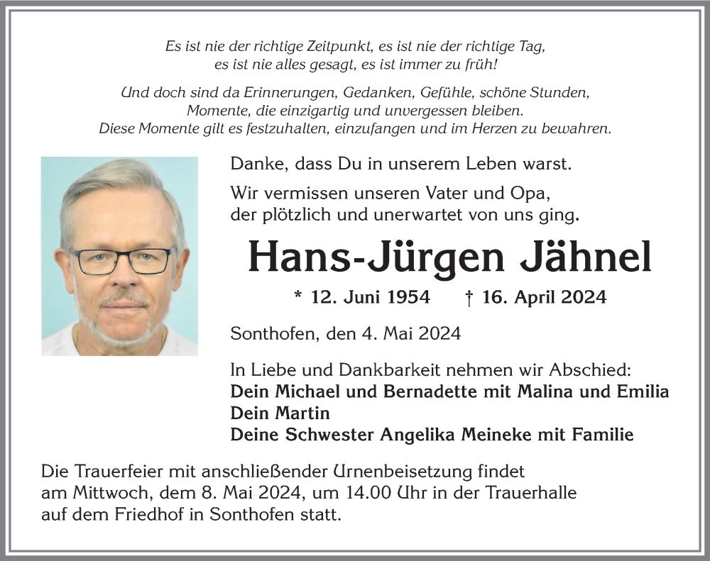 Traueranzeige von Hans-Jürgen Jähnel von Allgäuer Anzeigeblatt