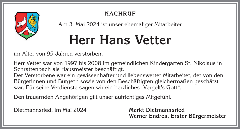 Traueranzeige von Hans Vetter von Allgäuer Zeitung,Kempten