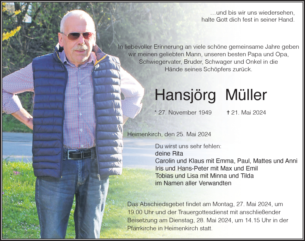 Traueranzeige von Hansjörg Müller von Der Westallgäuer