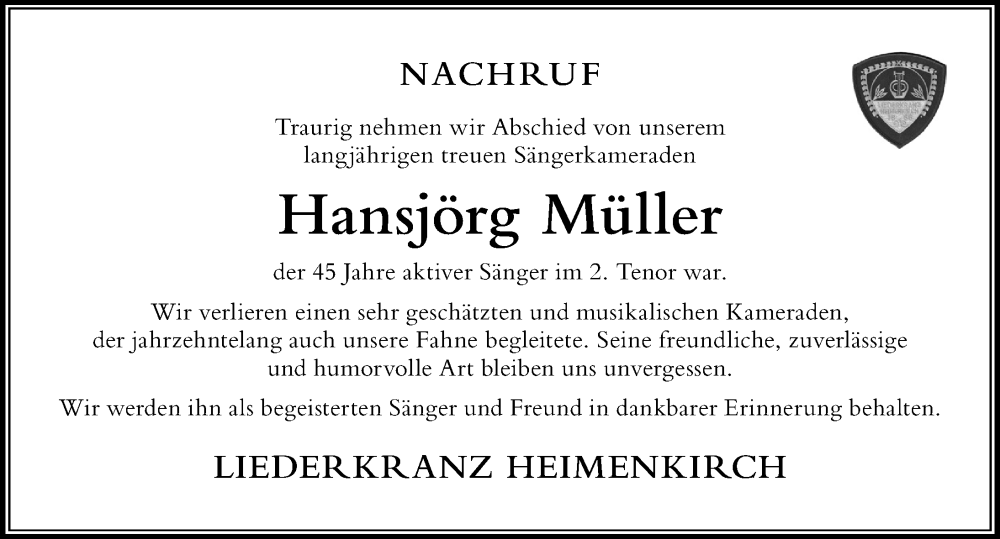 Traueranzeige von Hansjörg Müller von Der Westallgäuer