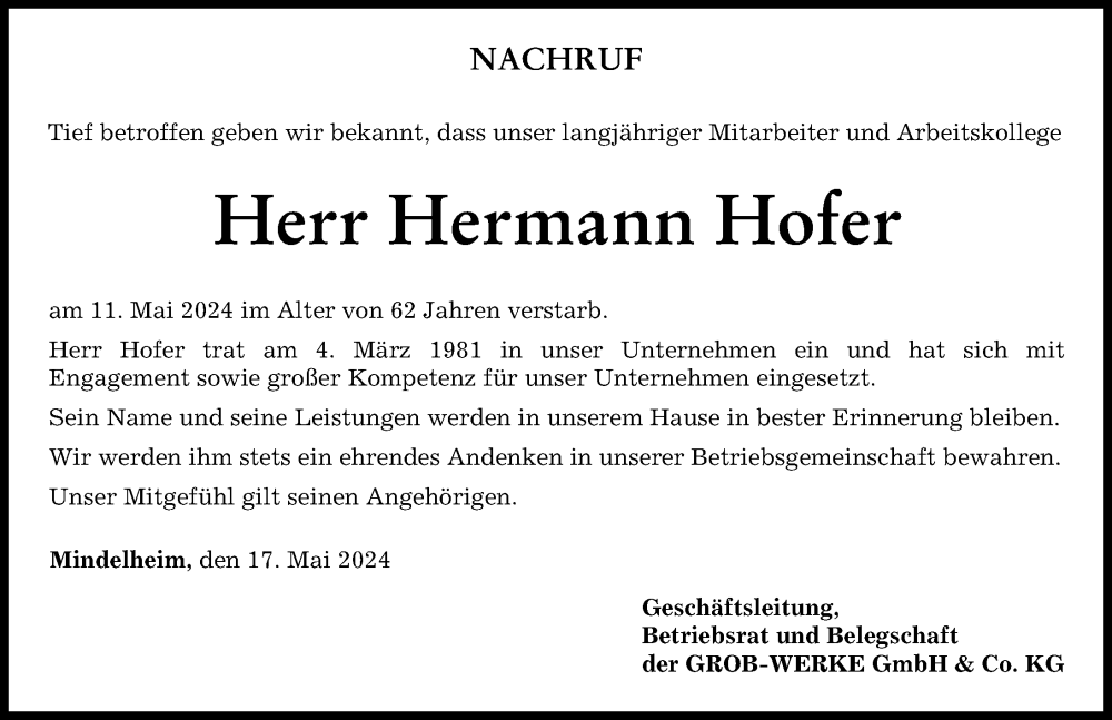 Traueranzeige von Hermann Hofer von Augsburger Allgemeine, Mindelheimer Zeitung