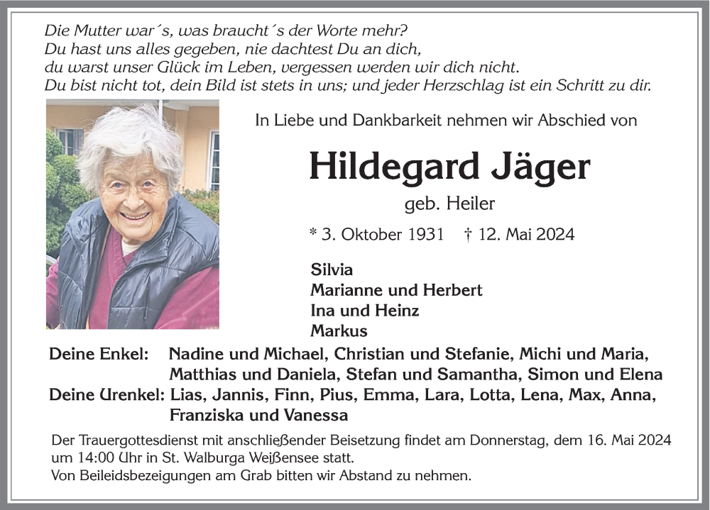 Traueranzeige von Hildegard Jäger von Allgäuer Zeitung, Füssen