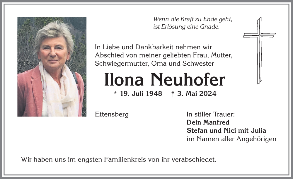 Traueranzeige von Ilona Neuhofer von Allgäuer Anzeigeblatt
