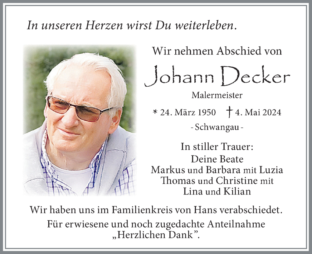 Traueranzeige von Johann Decker von Allgäuer Zeitung, Füssen