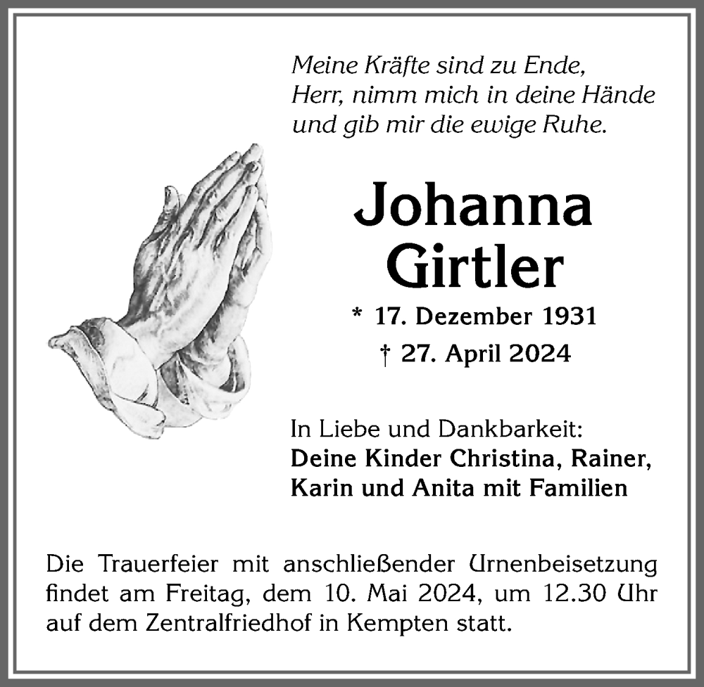Traueranzeige von Johanna Girtler von Allgäuer Zeitung,Kempten