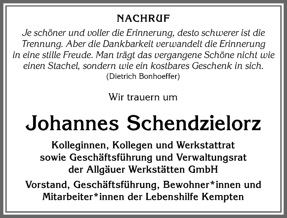 Traueranzeige von Johannes Schendzielorz von Allgäuer Zeitung,Kempten