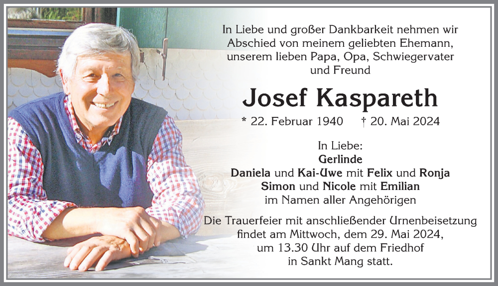 Traueranzeige von Josef Kaspareth von Allgäuer Zeitung,Kempten