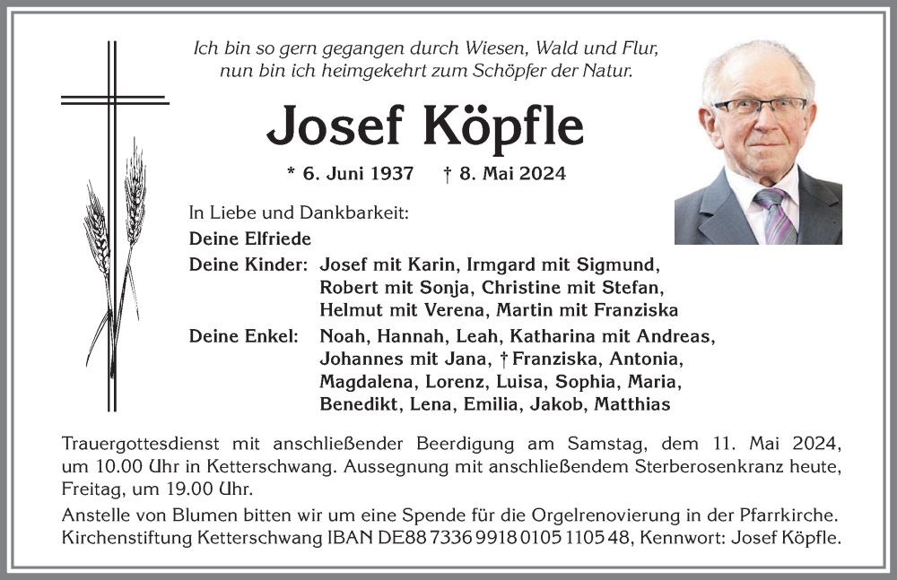 Traueranzeige von Josef Köpfle von Allgäuer Zeitung, Kaufbeuren/Buchloe