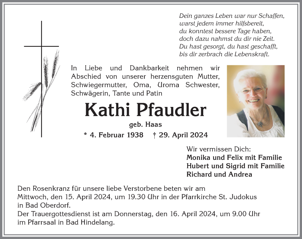 Traueranzeige von Kathi Pfaudler von Allgäuer Anzeigeblatt