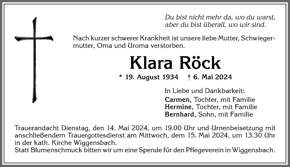 Traueranzeige von Klara Röck von Allgäuer Zeitung,Kempten